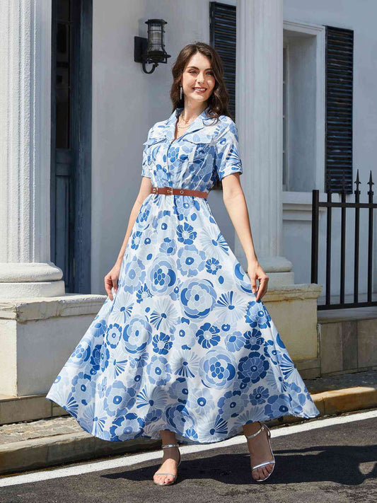 Kurzarm-Maxikleid mit Blumendruck und Reverskragen