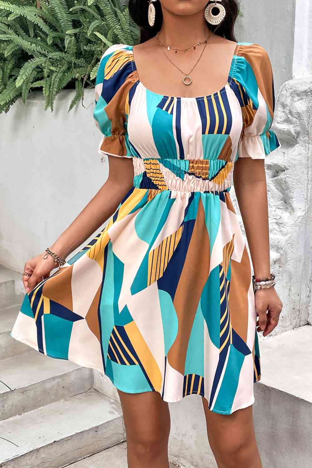 Printed Smocked Waist Flounce Sleeve Dress