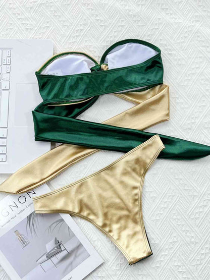 Conjunto de bikini anudado con detalle de anillo en dos tonos