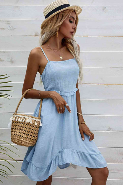 Lace-Up Spaghetti Strap Ruffle Hem Dress