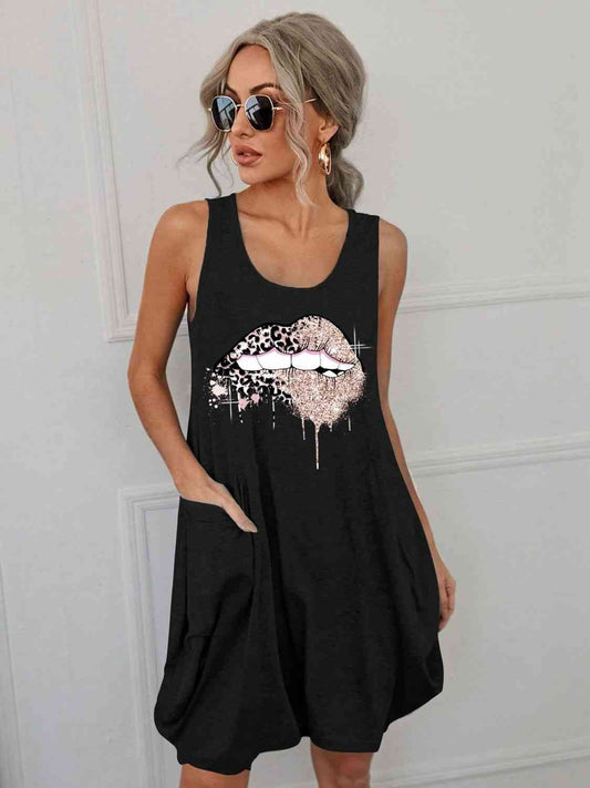 Lip Graphic Sleeveless Dress with Pockets