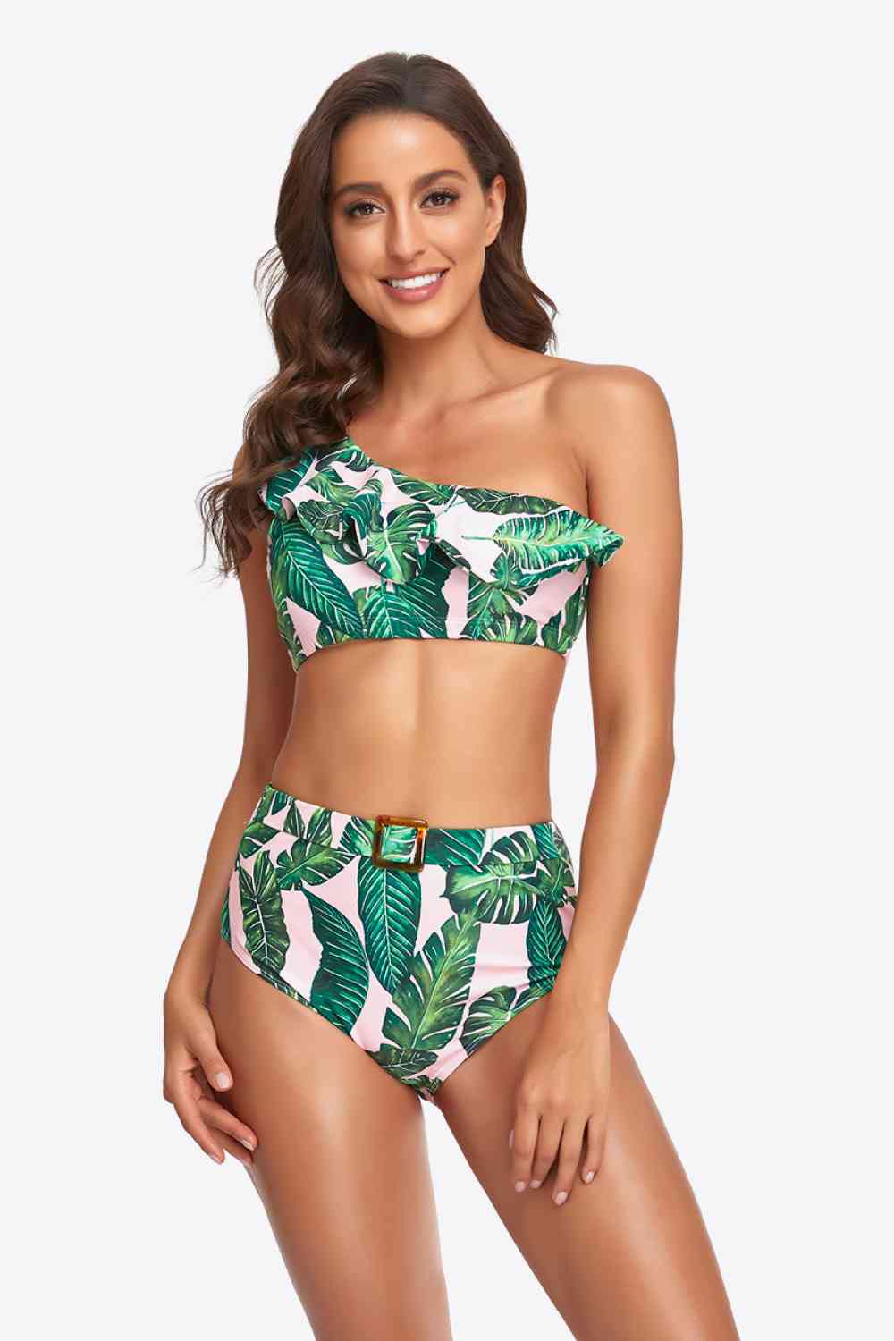 Gerüschtes One-Shoulder-Bikini-Set mit Schnalle