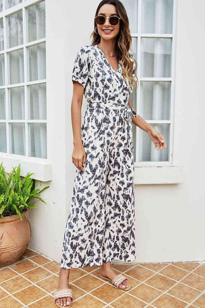 Printed Tie-Waist Surplice Jumpsuit