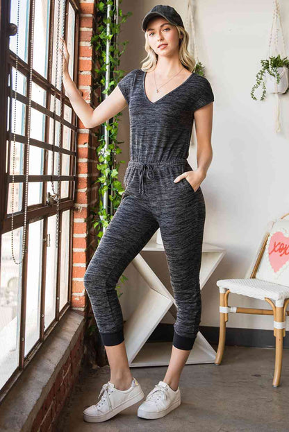 Heathered Drawstring Waist V-Neck Jumpsuit