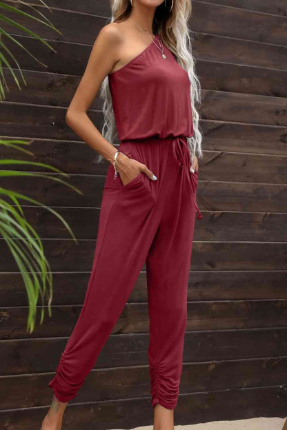 One-Shoulder-Jumpsuit mit Kordelzug in der Taille und Taschen