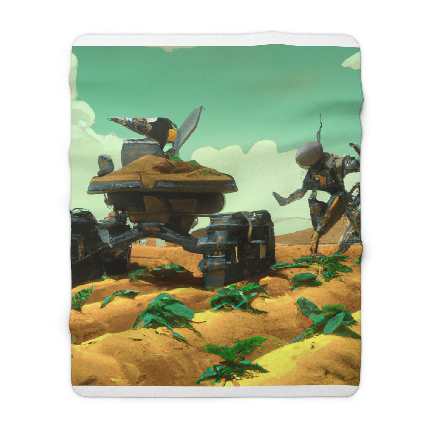 "Harvesting Hope: A Post-Apocalyptic Tale of Robot Farmers" - The Alien Sherpa Fleece Blanket