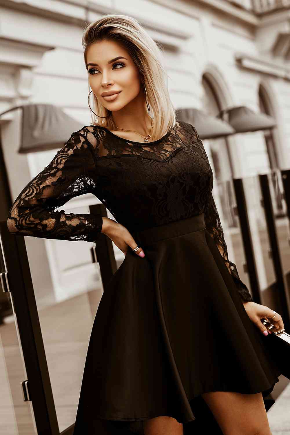 Spliced Lace High-Low Long Sleeve Dress