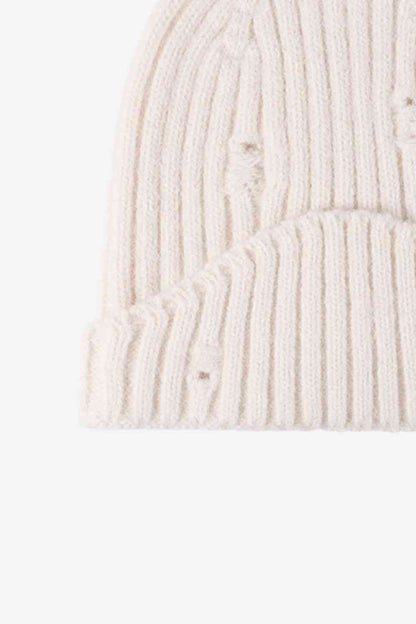 Distressed Rib-Knit Beanie