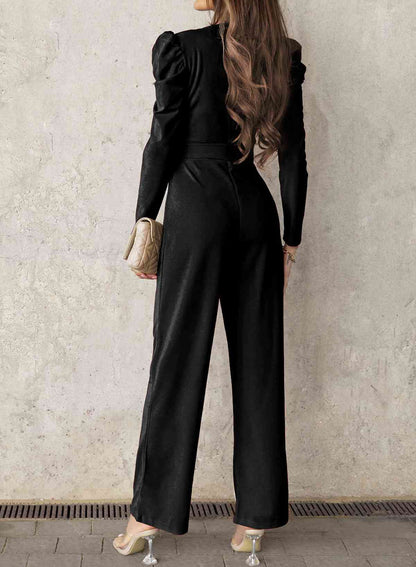 Belted Long Puff Sleeve V-Neck Jumpsuit