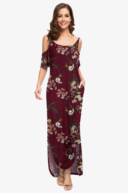 Slit Scoop Neck Cold-Shoulder Maxi Dress