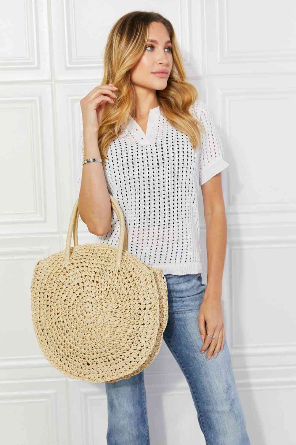 Justin Taylor Beach Date Stroh-Rattan-Handtasche in Elfenbein