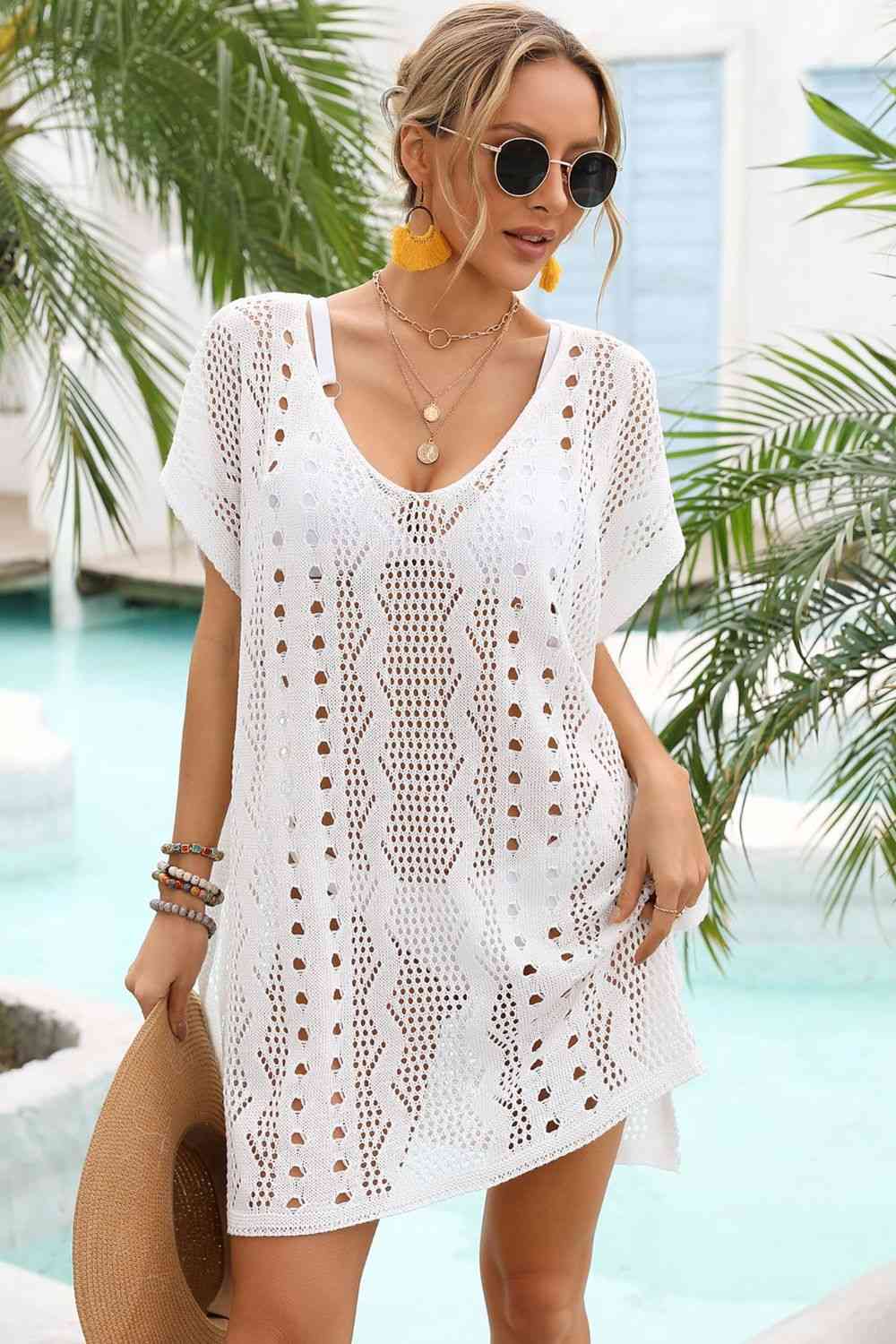 Openwork Plunge Dolman Sleeve Cover-Up Dress