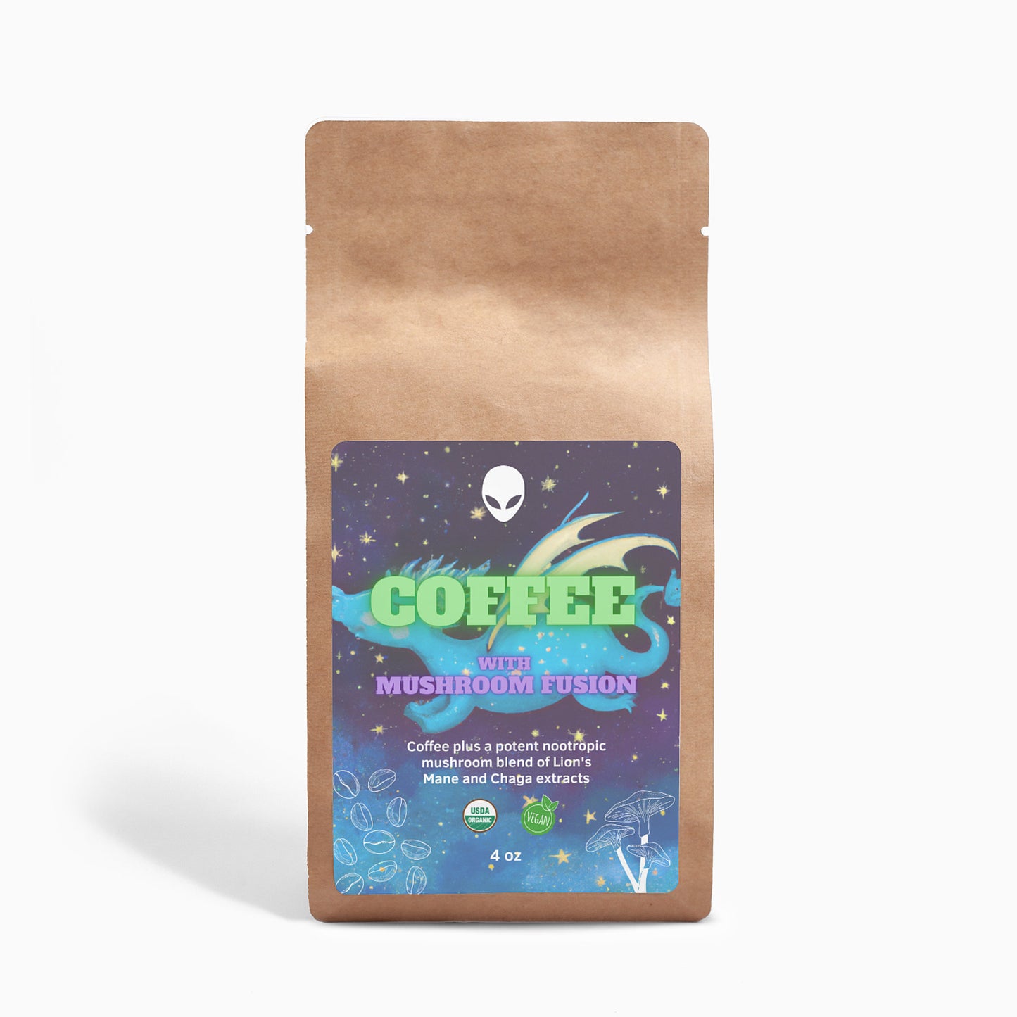 Mushroom Coffee Fusion - Löwenmähne &amp; Chaga 4oz. "Drifting between the Stars: Die Geschichte eines Babydrachen" - The Alien Coffee