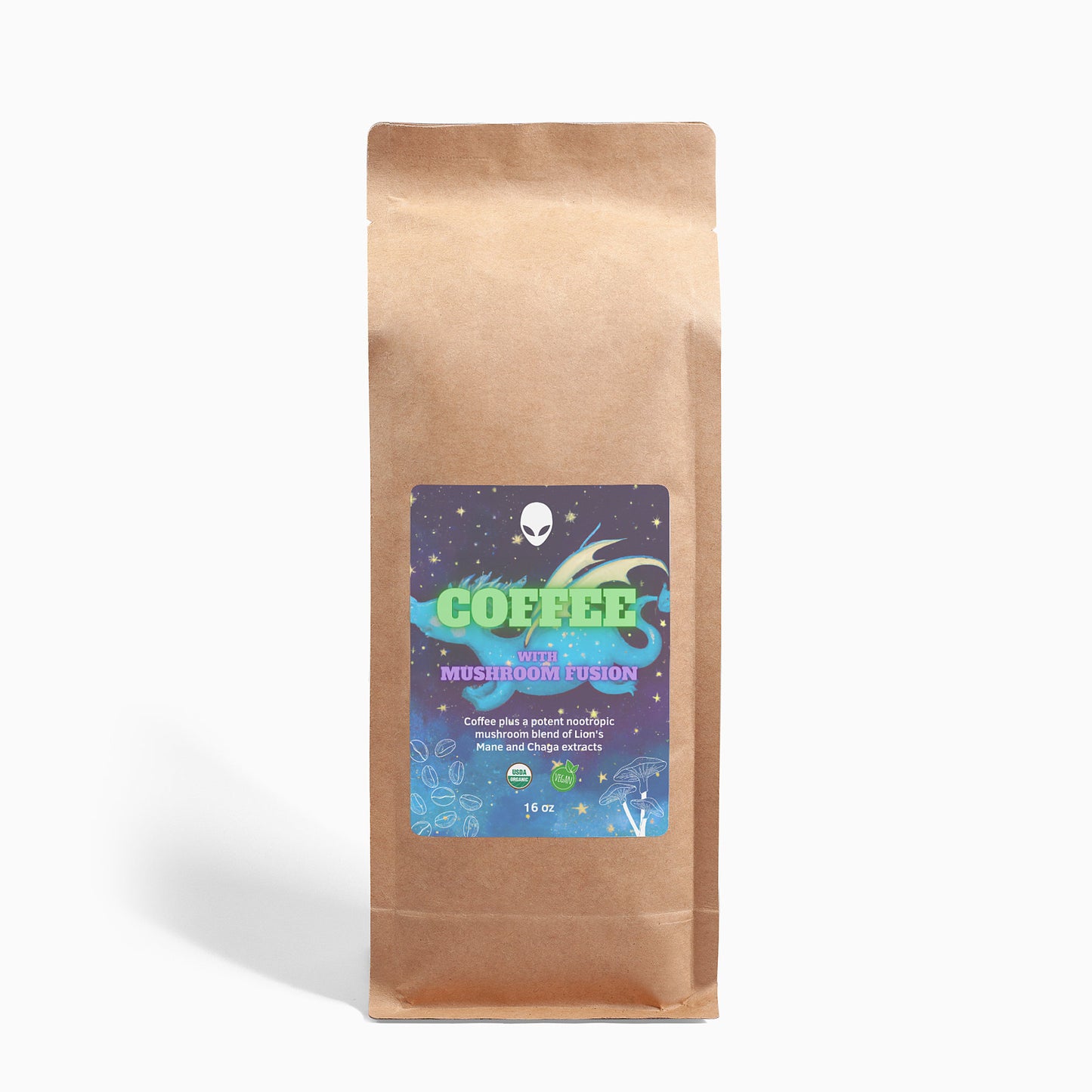 Mushroom Coffee Fusion - Löwenmähne &amp; Chaga 16oz. "Drifting between the Stars: Die Geschichte eines Babydrachen" - The Alien Coffee