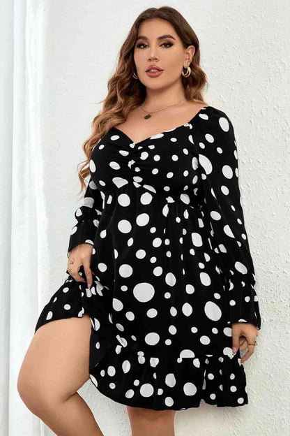 Melo Apparel Plus Size Minikleid mit Polka Dots, herzförmigem Ausschnitt und Volantärmeln