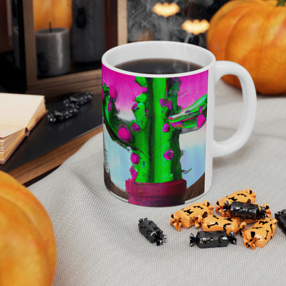 "An Awkward Caffeinated Moment: The Tale of a Bot and a Cactus" - The Alien Ceramic Mug 11 oz