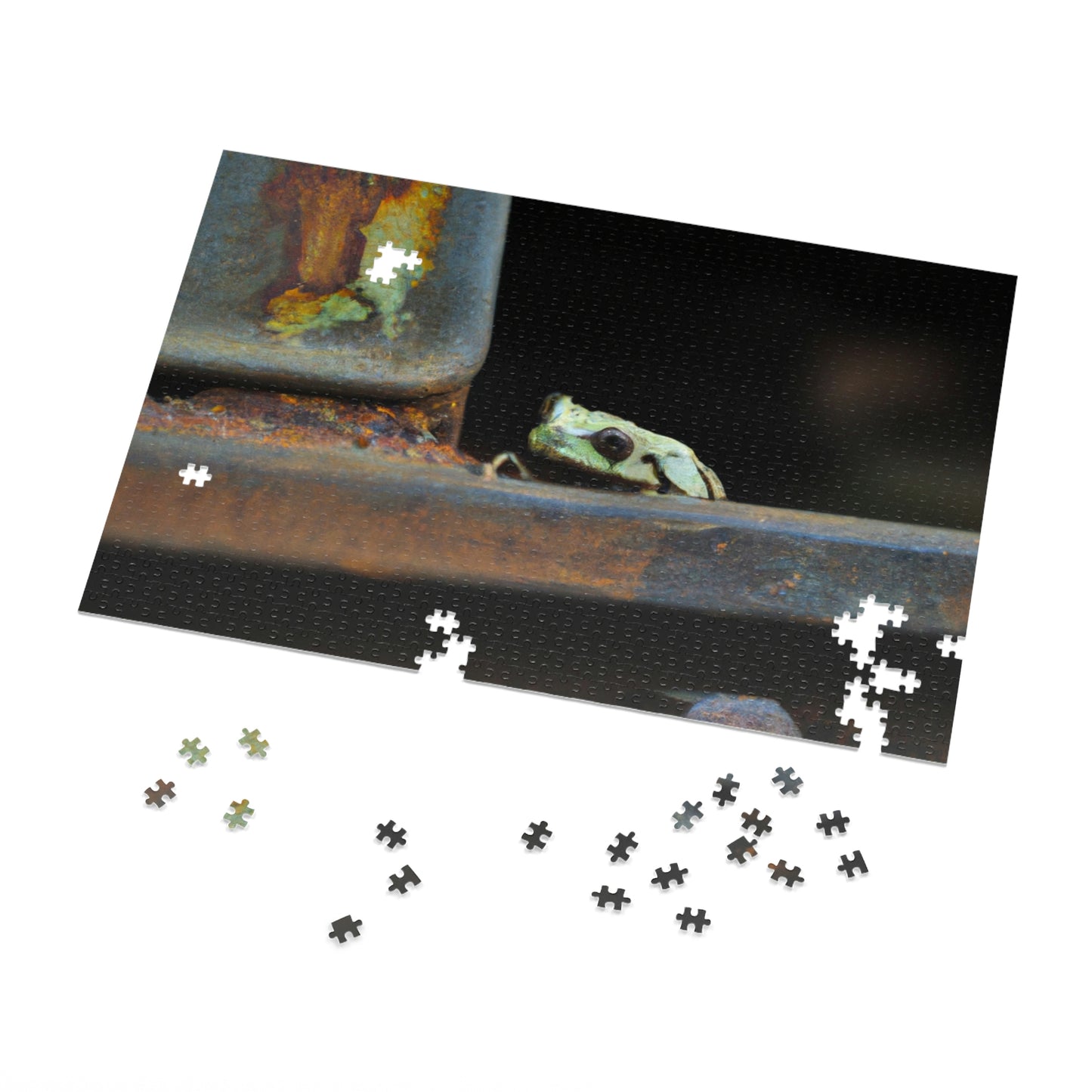 "A Tad Too Far: The Tale of a Train-Stuck Frog." - The Alien Jigsaw Puzzle