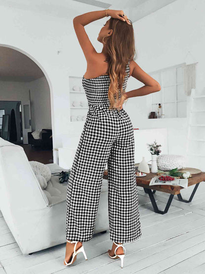 Plaid One-Shoulder Wide Leg Jumpsuit with Pockets