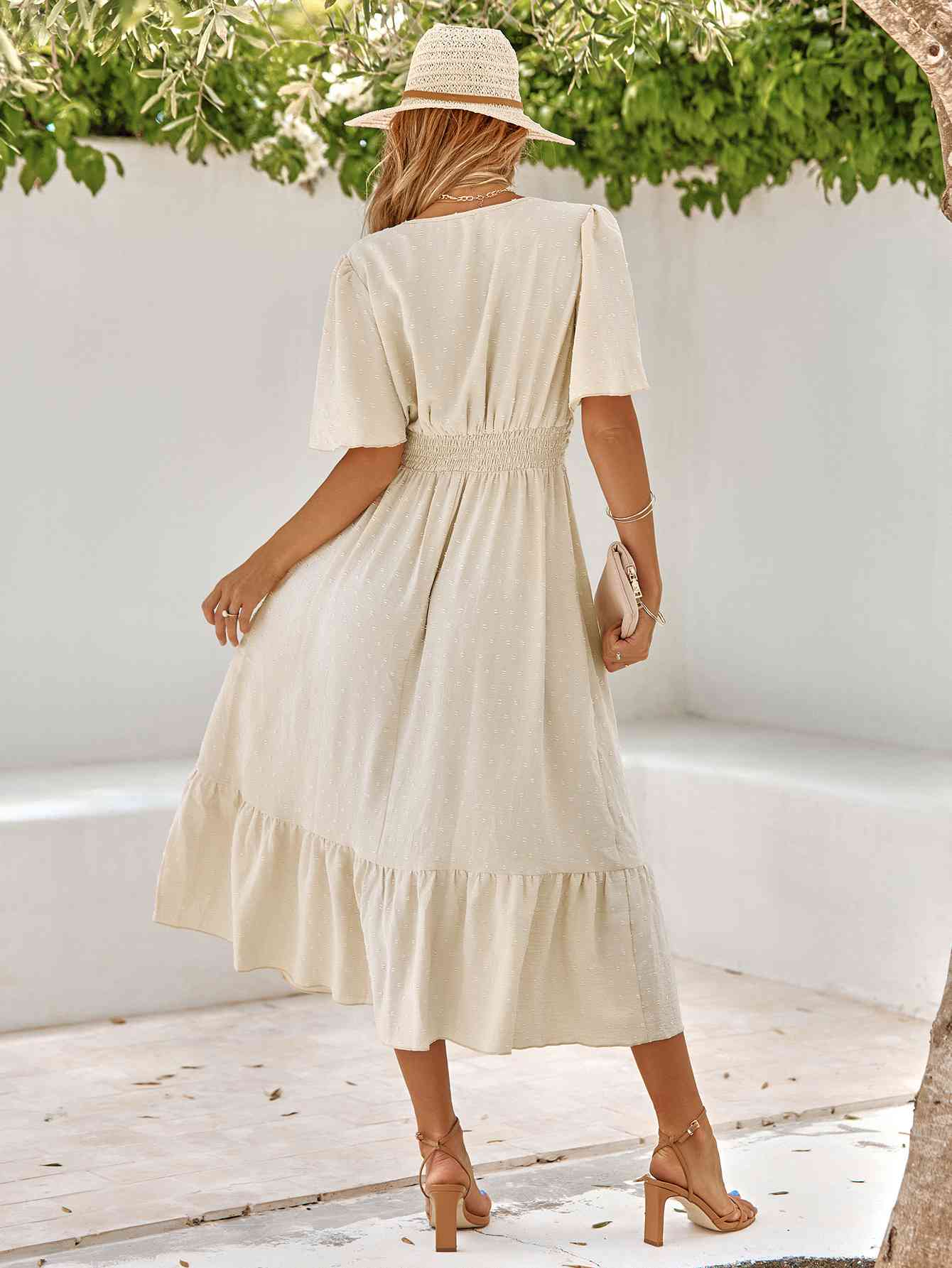 Swiss Dot V-Neck Ruffle Hem Dress