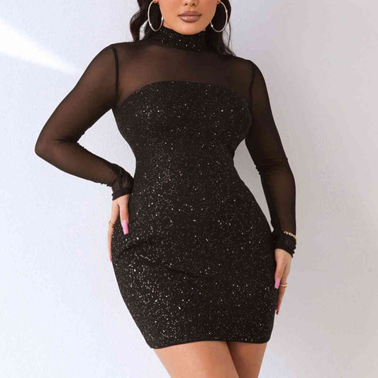 Sequin Mock Neck Mesh Dress