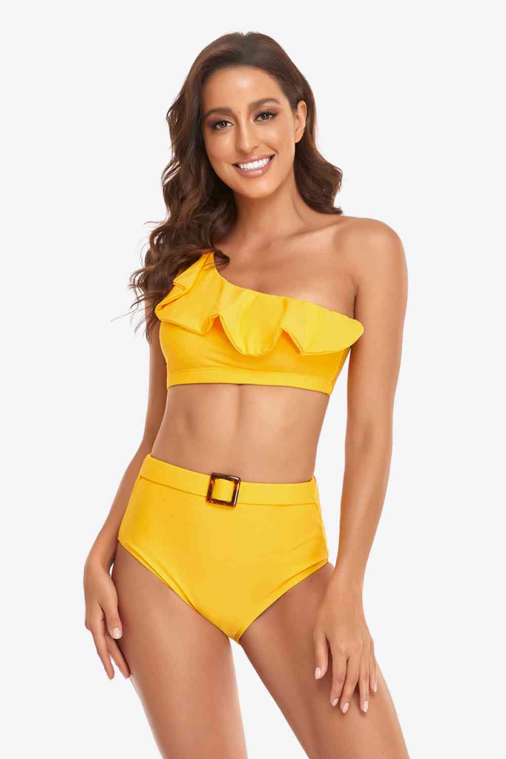 Conjunto de bikini con volantes y un solo hombro con hebilla