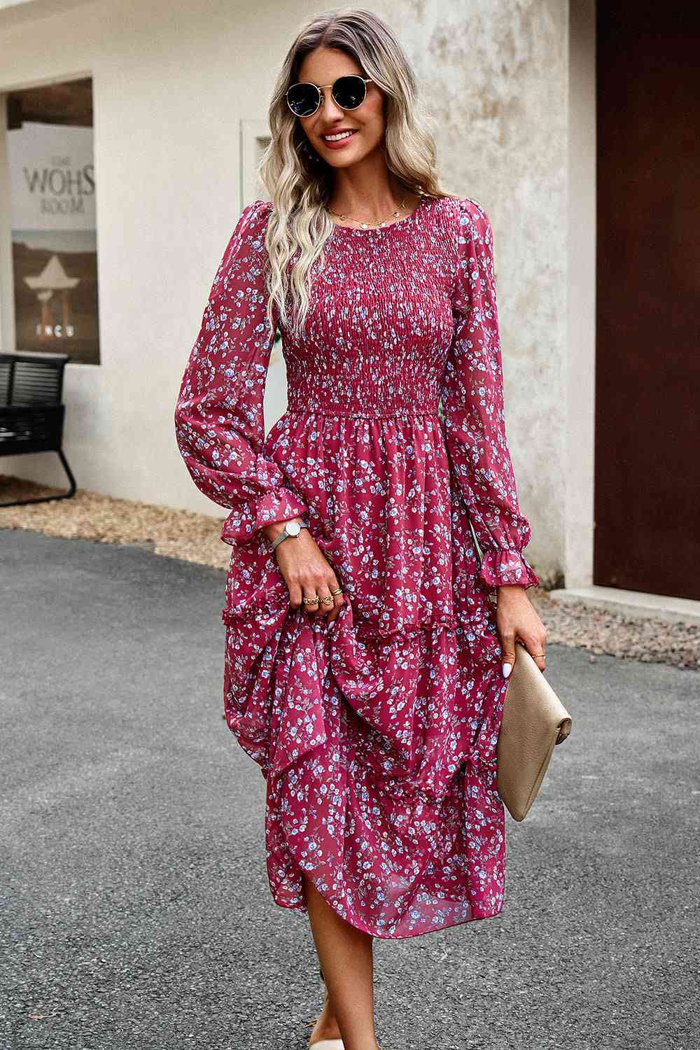 Smocked Flounce Sleeve Midi Dress