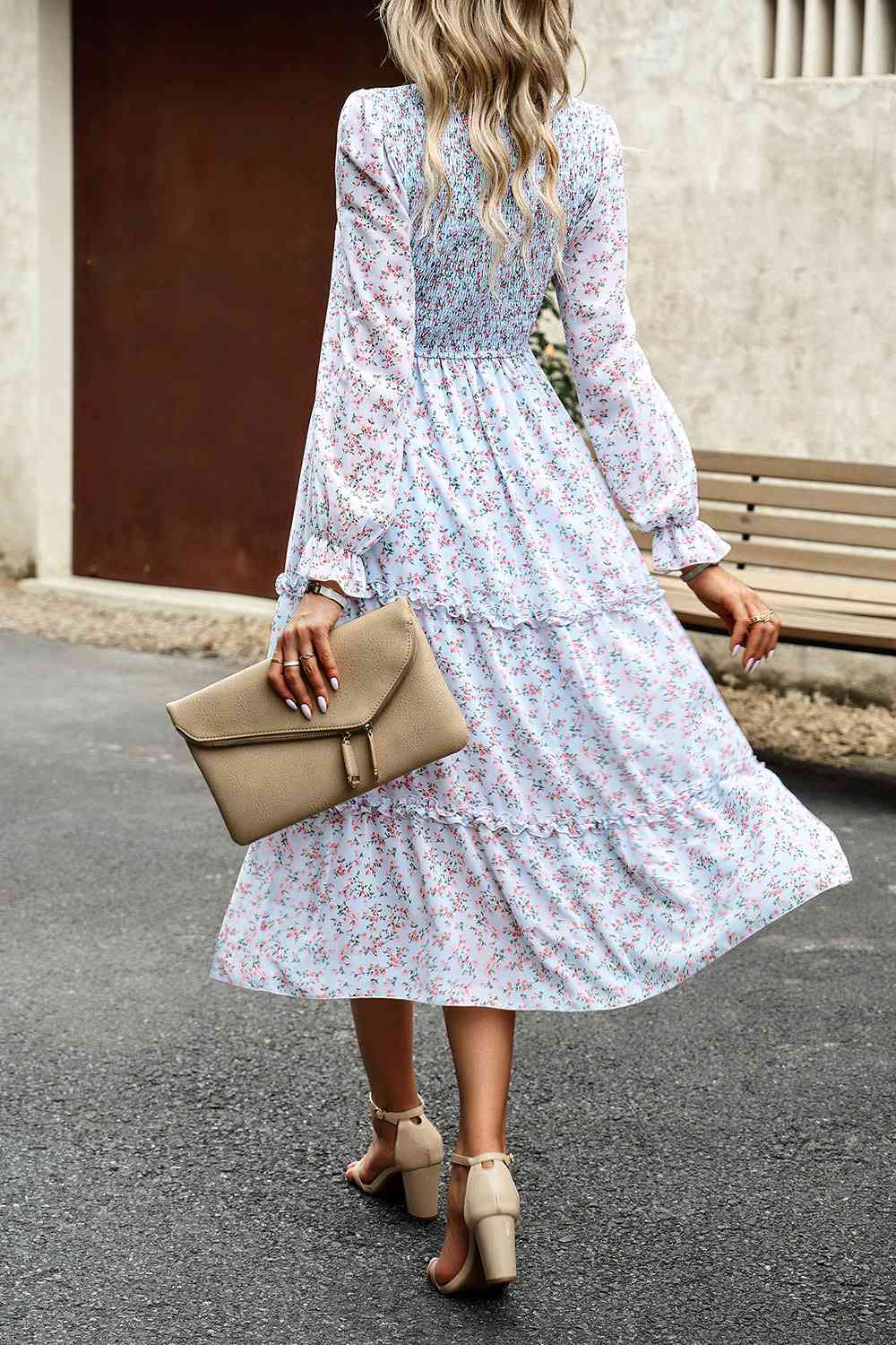 Smocked Flounce Sleeve Midi Dress