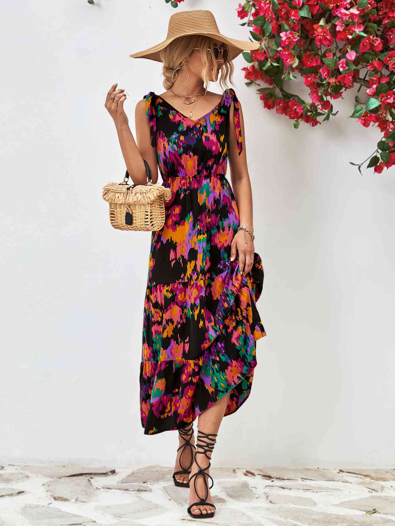 Multicolored V-Neck Backless Midi Dress