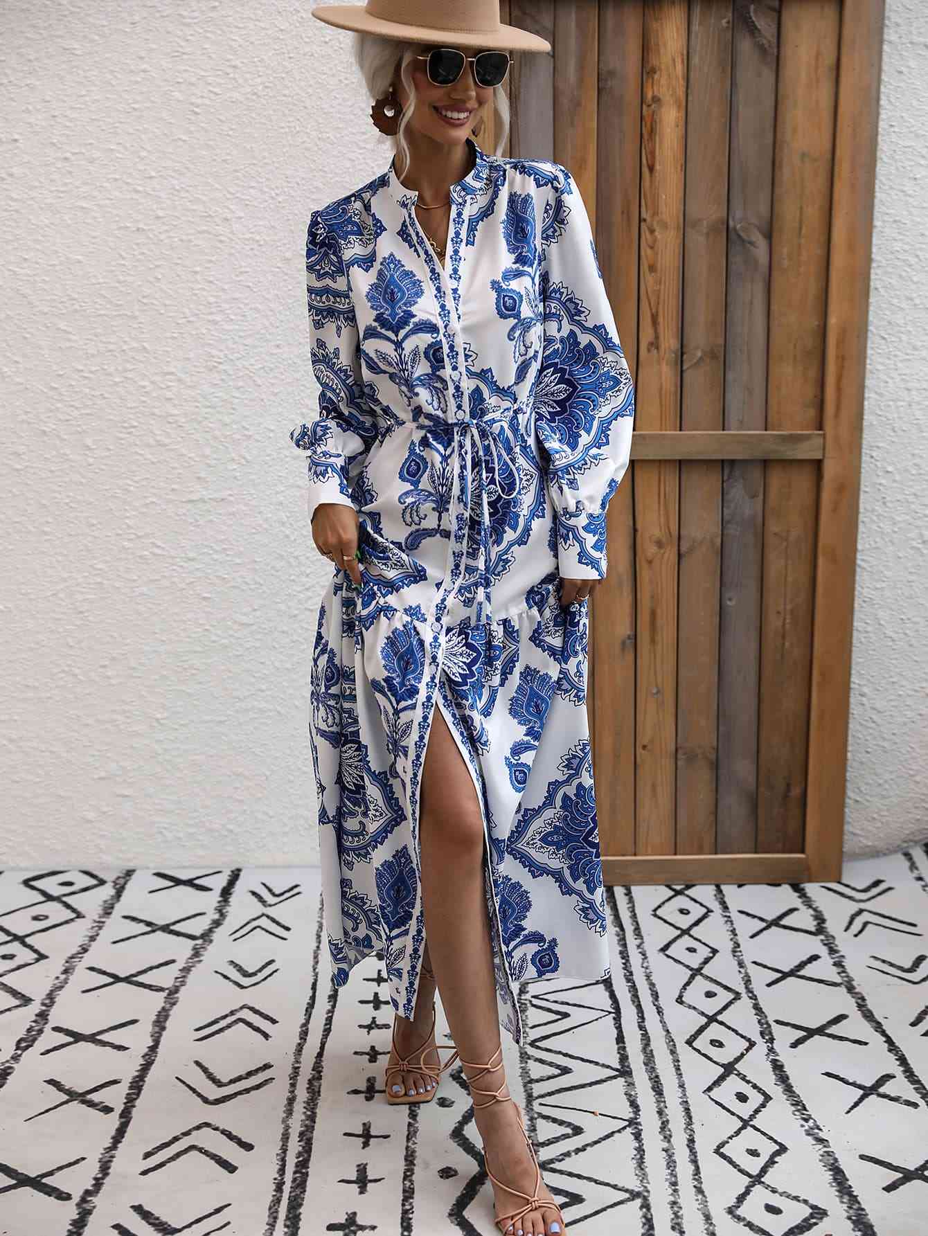 Printed Tie Waist Notched Neck Midi Dress