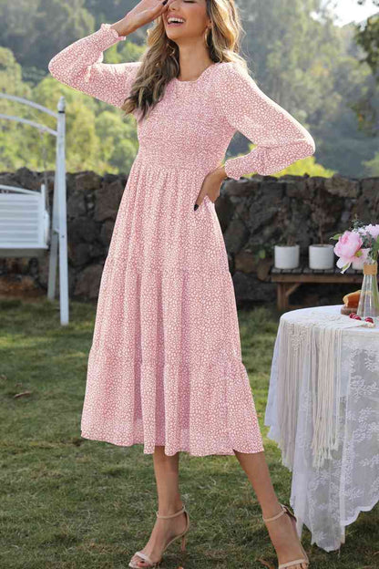 Round Neck Lantern Sleeve Midi Dress