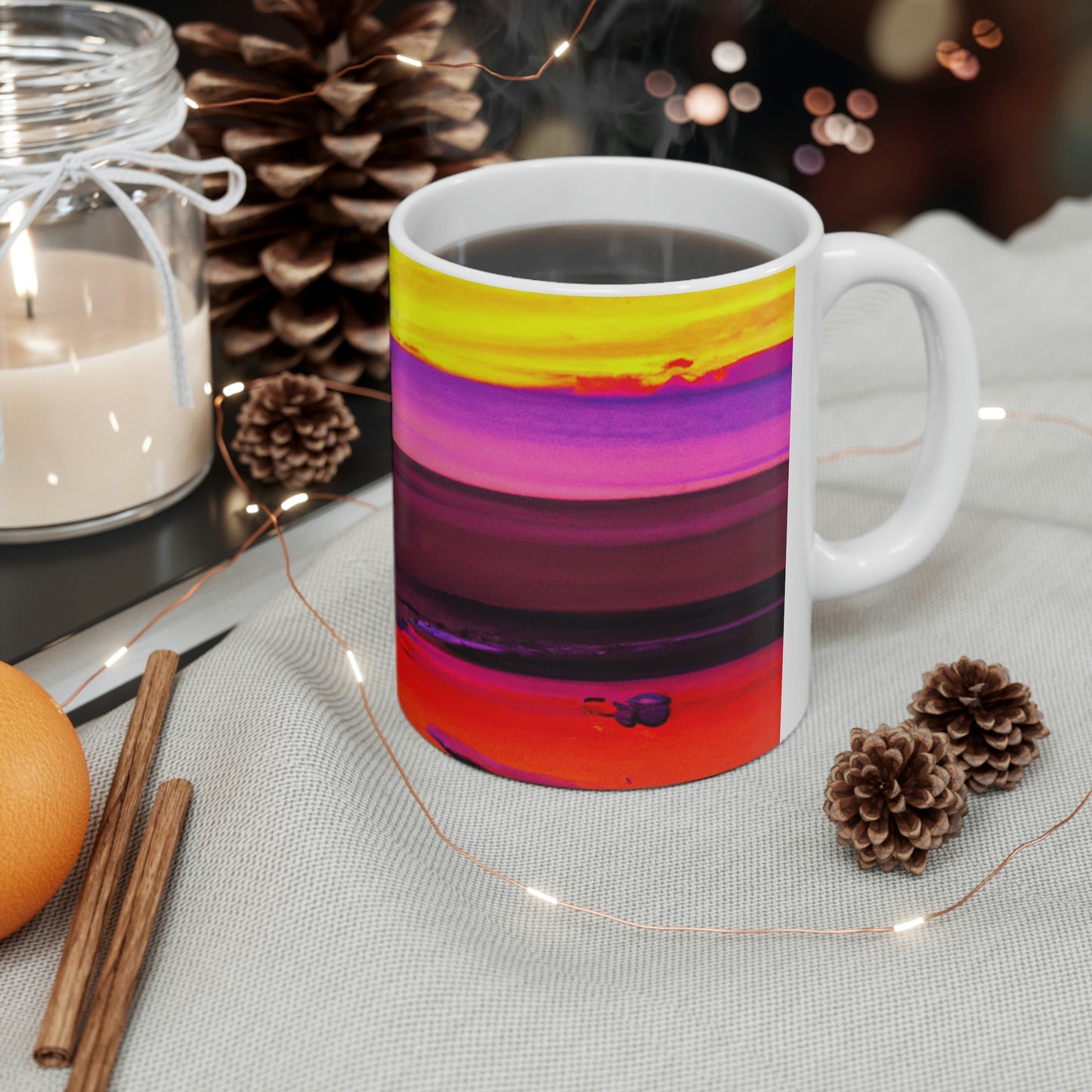 "Forgotten Solace: The Splendor of a Vibrant Sunset at a Abandoned Beach" - The Alien Ceramic Mug 11 oz