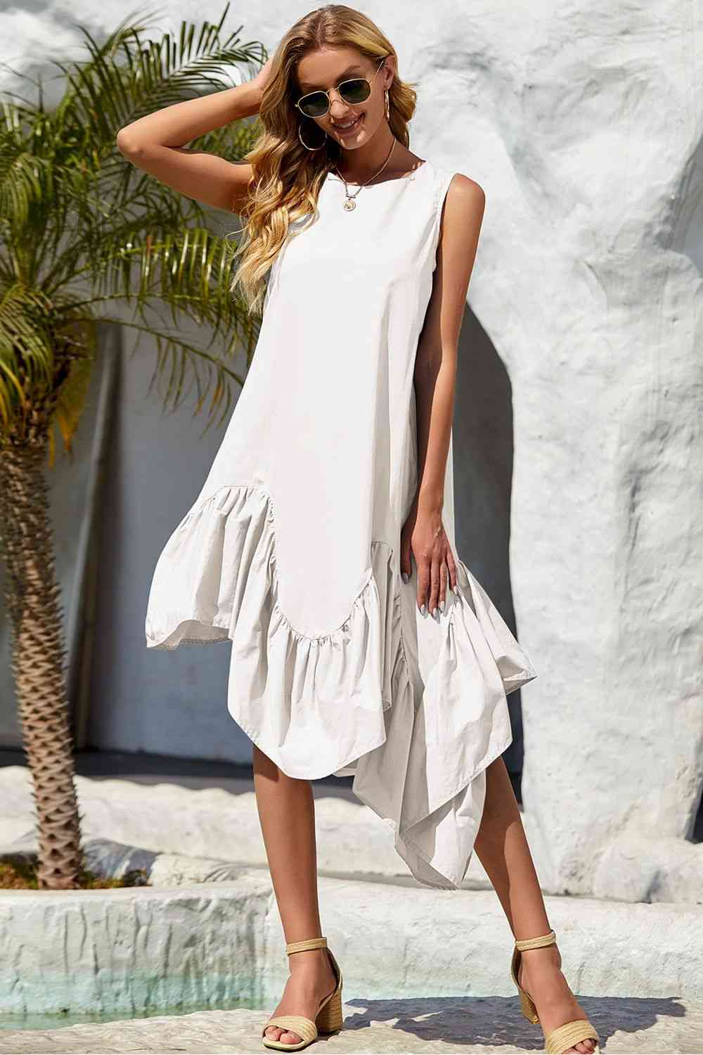 Round Neck Sleeveless Ruffle Hem Dress