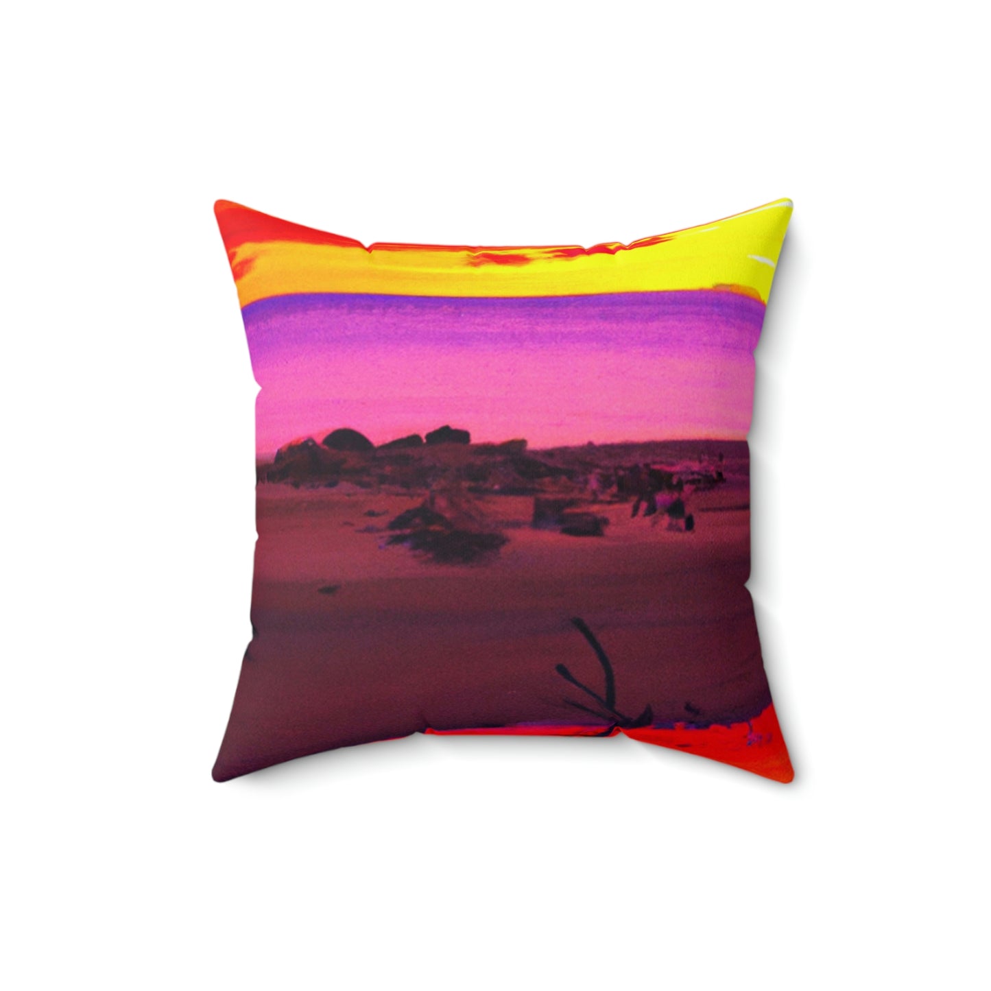 "Vergessener Trost: Die Pracht eines lebendigen Sonnenuntergangs an einem verlassenen Strand" - Das Alien Square Pillow