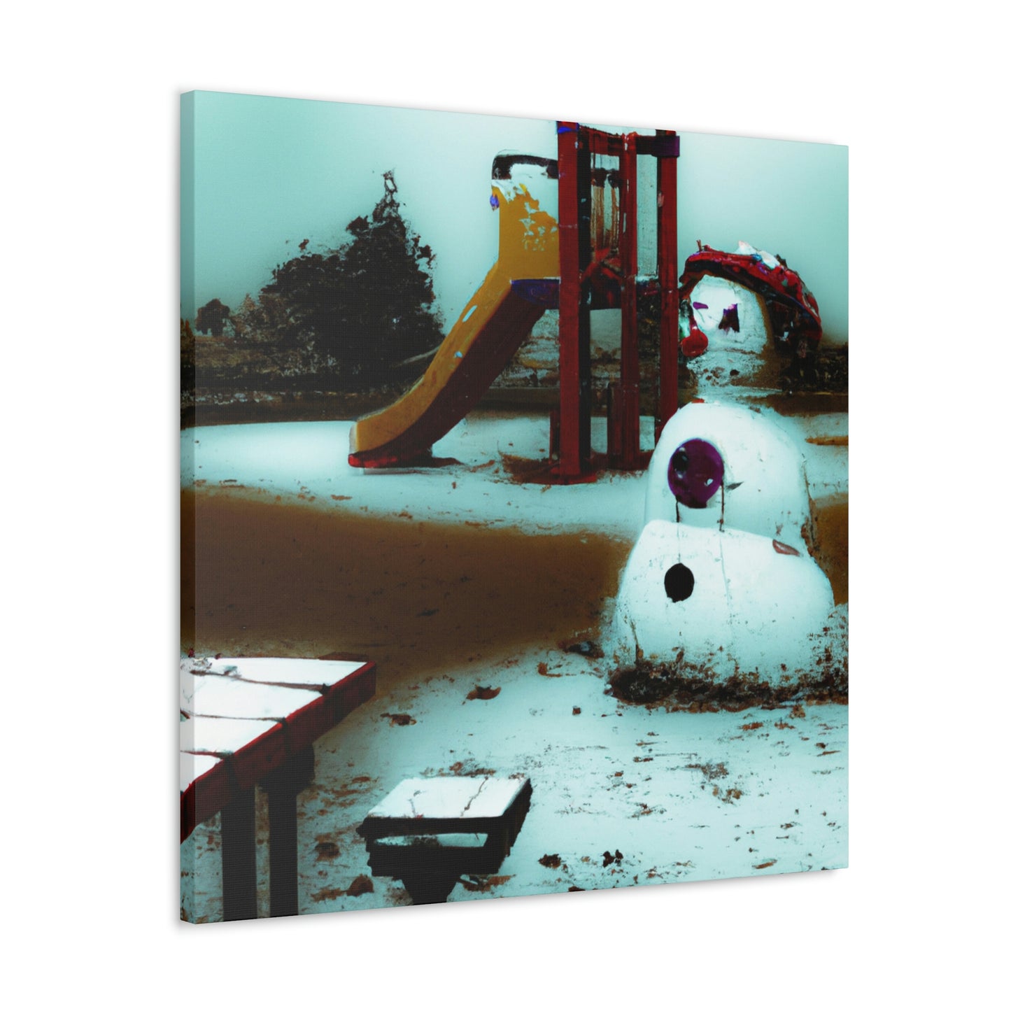 "Melancholischer Schneemann auf einem stillen Spielplatz" - The Alien Canva