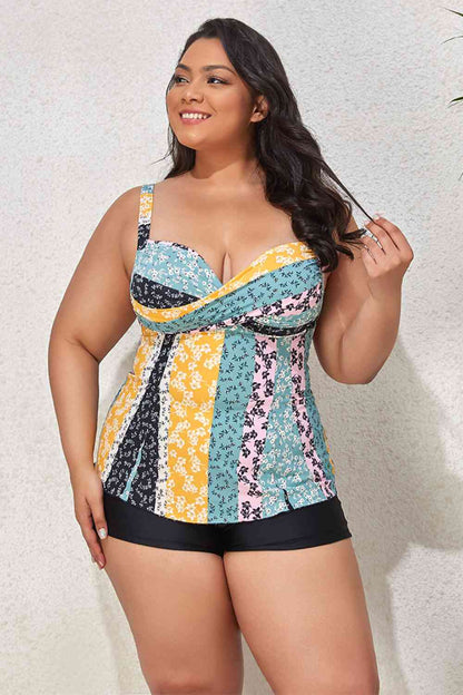 Plus Size Printed Crisscross Cutout Two-Piece Swim Set