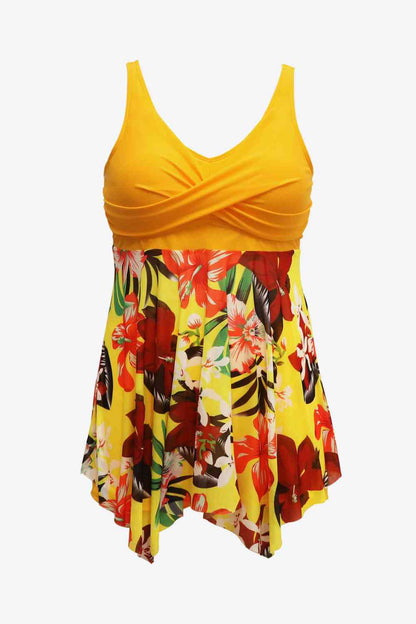 Plus Size Floral Two-Tone Asymmetrical Hem Two-Piece Swimsuit