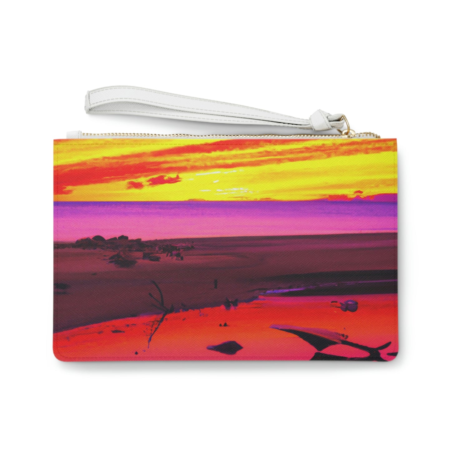 "Forgotten Solace: Die Pracht eines lebendigen Sonnenuntergangs an einem verlassenen Strand" - Die Alien Clutch Bag