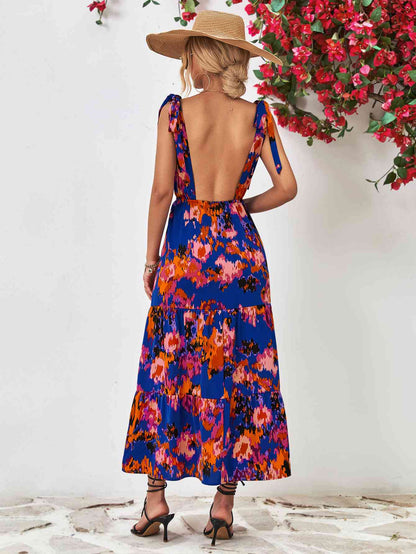 Multicolored V-Neck Backless Midi Dress