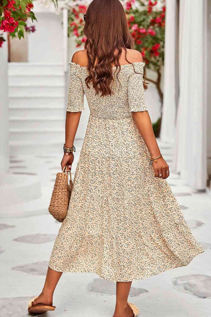 Printed Off-Shoulder Half Sleeve Midi Dress