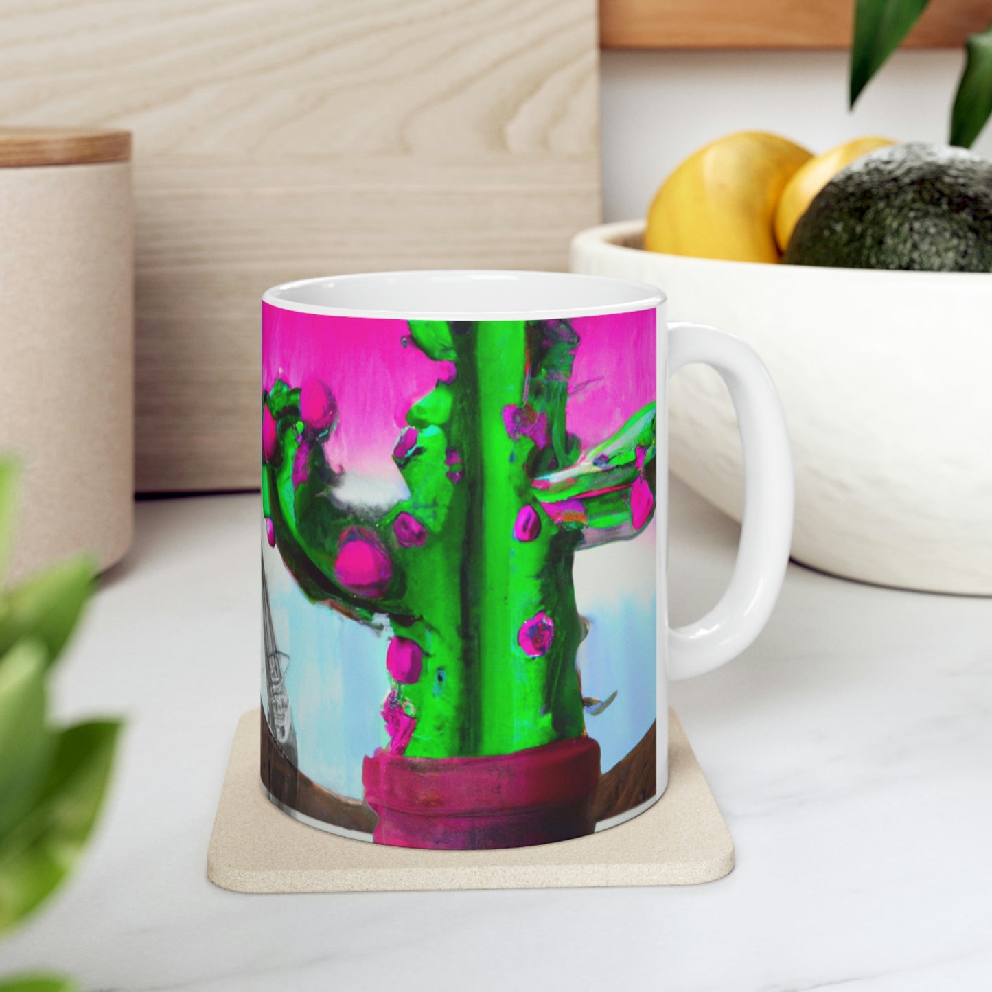 "An Awkward Caffeinated Moment: The Tale of a Bot and a Cactus" - The Alien Ceramic Mug 11 oz