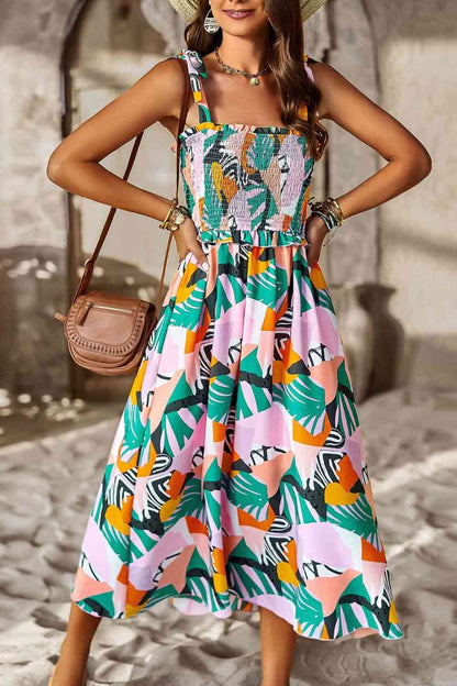 Printed Smocked Tie Shoulder Dress