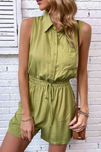 Collared Neck Sleeveless Romper with Pockets