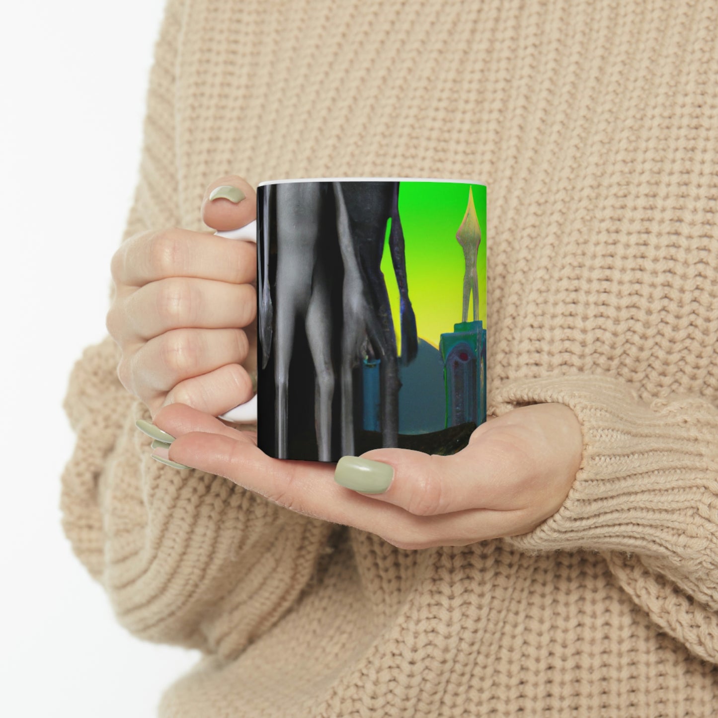 "Vagabundos intergalácticos: Explorando las ruinas históricas de un castillo olvidado hace mucho tiempo" - Taza de cerámica The Alien 11 oz