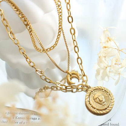 Coin Pendant Triple-Layered Chain Necklace