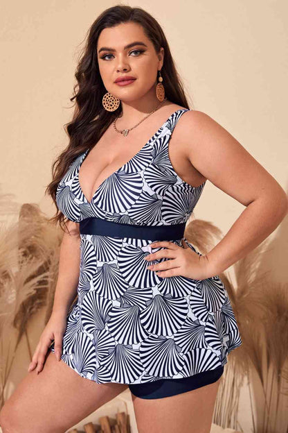 Plus Size Printed Sleeveless Top and Shorts Swim Set