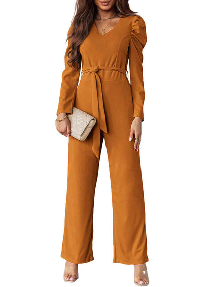 Langer Jumpsuit mit V-Ausschnitt und Puffärmeln und Gürtel