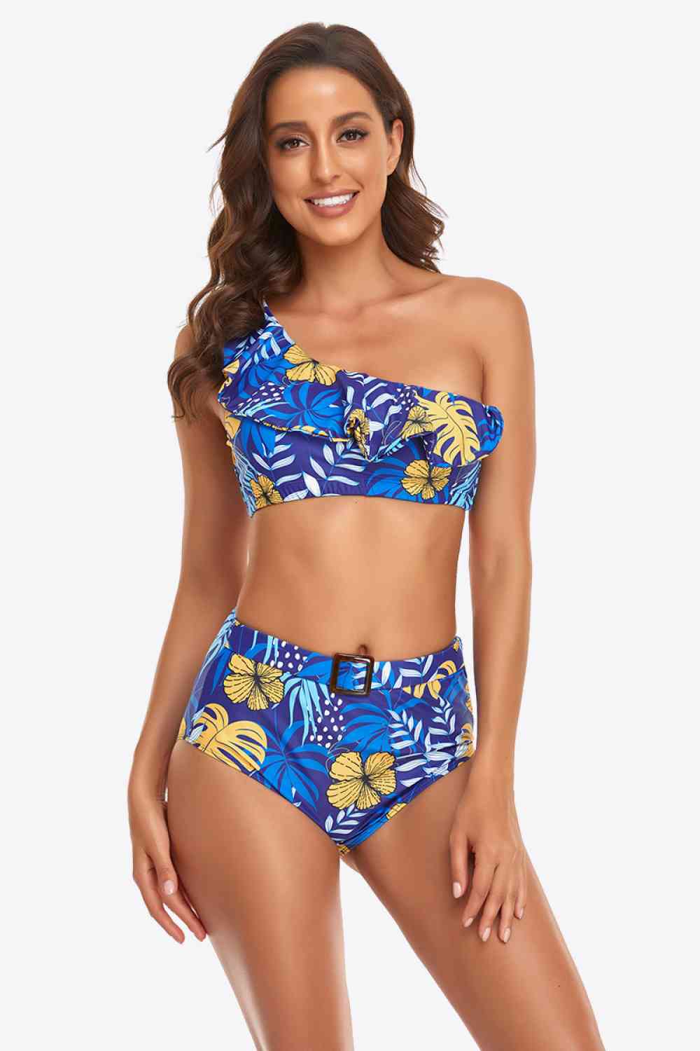 Gerüschtes One-Shoulder-Bikini-Set mit Schnalle