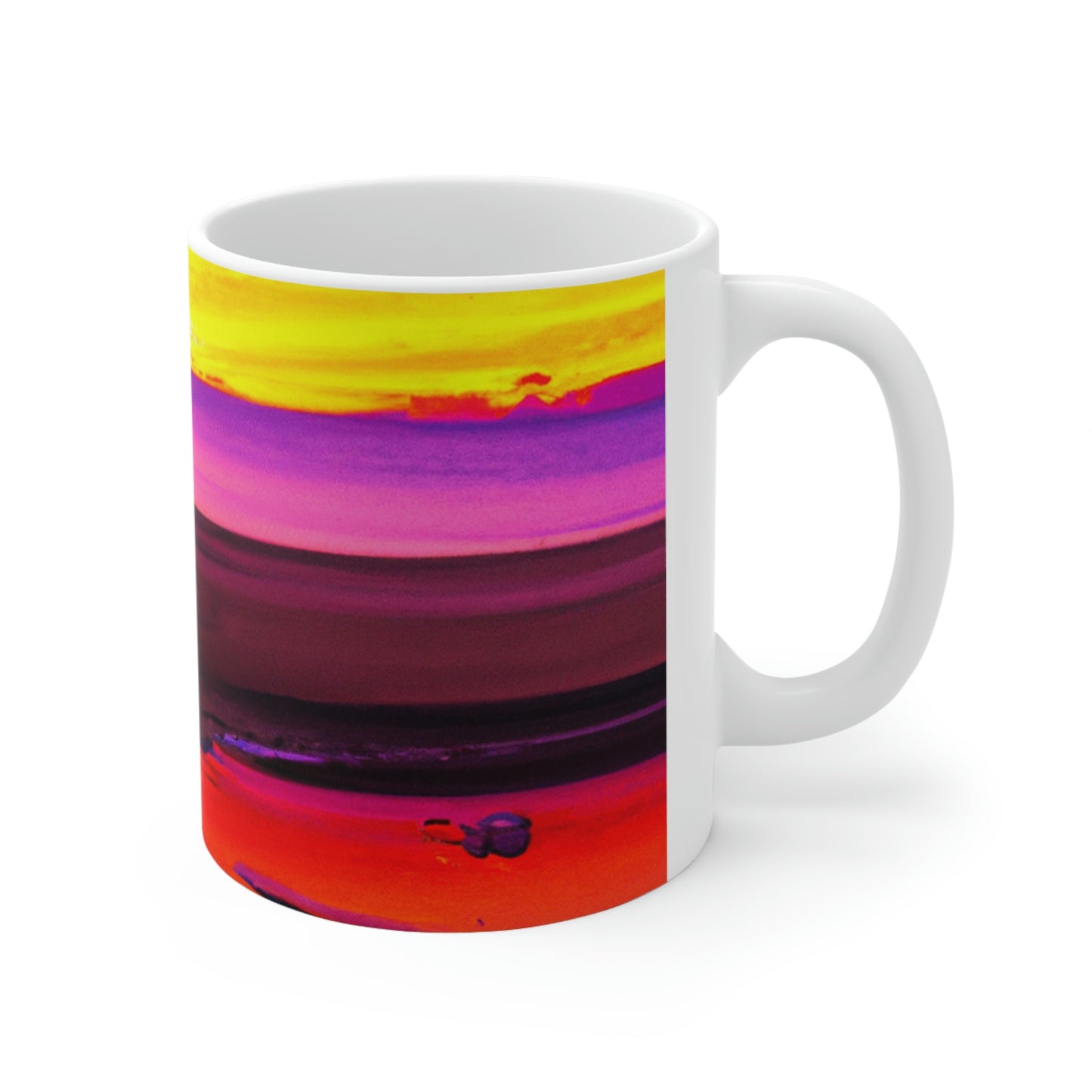 "Forgotten Solace: The Splendor of a Vibrant Sunset at a Abandoned Beach" - The Alien Ceramic Mug 11 oz