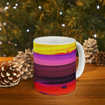 "Forgotten Solace: The Splendor of a Vibrant Sunset at a Abandoned Beach" - The Alien Ceramic Mug 11 oz