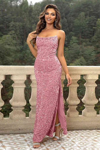 Vestido largo con abertura y espalda descubierta con lentejuelas